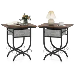 Costway 1/2 PCS Side Table with Fabric Drawer Carved Metal Frame Industrial End Table Nightstand