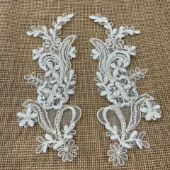 1 Pair Beaded & Corded Floral Lace Applique 9" x 2.5" Each Side Ivory