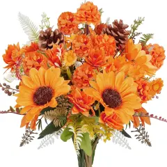 Artificial Mum Bush Sunflowers Faux Fall Chrysanthemums Flower - Orange