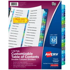 Avery Double Column Dividers for 3 Ring Binders, 32 Tabs per Set, Customizable Table of Contents, Multicolor Tabs (11322)