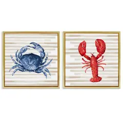 Stupell Industries Nautical Crab & Lobster Beige Stripes Framed Floater Canvas Wall Art Gold Floater Frame