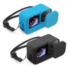 Insten 2 Pack of Silicone Protective Case Compatible with GoPro Hero 9 10 with Lanyard and Lens Cap, Soft Rubber Case, Black & Blue Multicolor