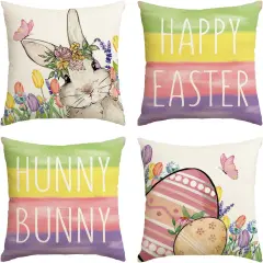 Set of 4 Happy Easter "Hunny Bunny" Throw Pillow Covers &ndash; 18" x 18" Colorful Striped Cushion Cases for Sofa & Couch