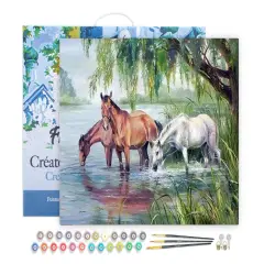 Figured'Art Paint by Numbers for Adults with Frame Three Horses near the lake 16"x20" - Craft Art Painting DIY Kit Canvas Already Stretched on a Wooden Frame