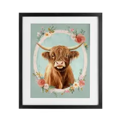 Stupell Industries Highland Cow In Floral Border Framed Print Under Glass, design by Petal Prints Design