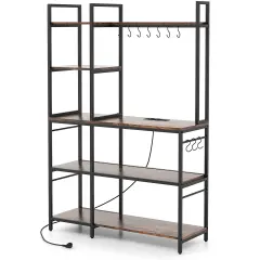 Metal and Wood Kitchen Backers Rack with Charging Ports, 5 Tiers and Anti-Tip Safety Rustic Brown