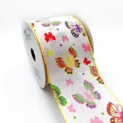 Designer's Shop WR 63-5202 Spring Summer Multi-colored butterflies on white burlap wired edge ribbons, 2.5" x 10 yards