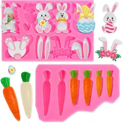 2Pcs Easter Fondant Molds Cute Bunny Pattern 3D Silicone Moulds Assorted Rabbit Carrots Flowers Resin Molds Easter Cupcake Cookie Baking Decorating Moulds for Spring Holiday Party DIY Candy