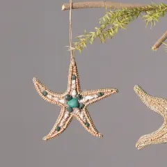 Wooden & ShellBeaded Lac Star Fish Ornament - Brown & Blue