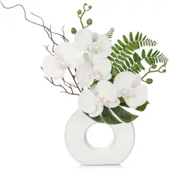 Orchid Artificial Flowers 16.1'' White Orchid Silk Flowers with Ceramic Vase Faux Orchid Arrangement for Home Office Table Centerpiece Indoor Decoration