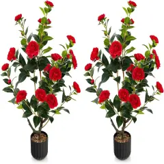 2pcs 38" Artificial Camellia Tree Flower Plant in Yellow Cement Red