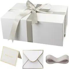 Large Gift Box with Lid,14"x9"x4.5" Magnetic Gift Box with Ribbon,Cards and Envelopes for Presents,Great for Wedding,Birthdays,Crafting,Gift Packaging (white)
