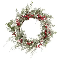 16" Faux Eucalyptus Wreath with Red Berries for Holiday Door Decor