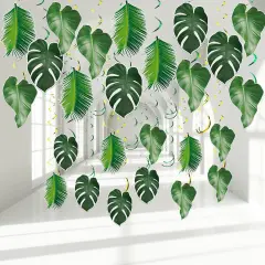 51 Pcs Hawaiian Luau Party Palm Leaves Swirl Decorations Green Palm Leaves Hanging Decoration Ceiling Tropical Safari Jungle Party Decor for Summer Beach Baby Shower Birthday Supplies