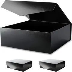 3 Extra Large Gift Boxes with Lids 16.3x14.2x5 Inches, Black Gift Boxes for Clothes and Large Gifts (Glossy Black with Grass Texture)