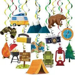 Camping Hanging Swirl Party Decorations 30 Pack Foil Ceiling Hanging Streams Party Supplies Banner Decor for Kids Camping Adventure Bear Birthday Celebrating Party Events Baby Shower Room Wall Decor