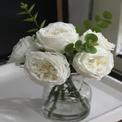 Artificial Flowers with White Roses in Vase, Fix Lifelike Fake Flowers in Vase with Artificial Water, Faux Flower Arrangements for Dining Table Centerpiece Decor