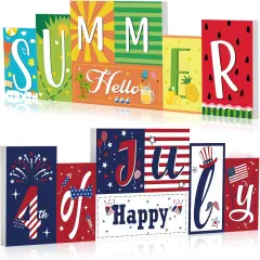 Summer Wooden Table Sign Double Sided Hello Summer and Happy 4th of July Tabletop Sign Hawaii Wood Block Memorial Day patriotic Tiered Tray Decor for Office Home indoor Shelf Centerpiece