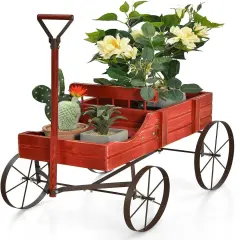 Wooden Garden Wagon Planter with Handle & Wheels Red