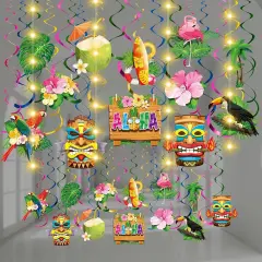 56 Pcs Summer Hawaiian Hanging Decorations with Lights Tropical Luau Hanging Swirls Tiki Flower Palm Flamingo Beach Cutouts Aloha Ceiling Streamers