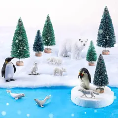19 Pcs Arctic Animals Figurines Set Includes 9 Polar Animals Figurines 6 Mini Pine Trees 1 Foam Boards 1 Fake Snow Blanket 2 Blue Tissue Paper