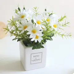 Artificial Flowers, Faux Flowers in Vase Small White Daisy Decor Mini Silky Artificial Daisies Fake Plant Flower Decor for Home Decor Indoor Centerpiece Table Decorations