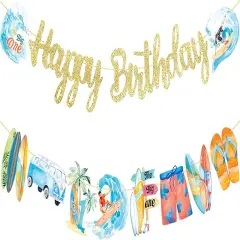 Surfing Happy Birthday Banners Glitter Summer Surfing Birthday Party Decoration Vintage Surfing Surfboard Banners for Summer Hawaii Beach Decorations The Big One Surf Party Supplies