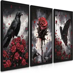 Set of 3 Gothic Wood Framed Halloween Canvas Wall Art