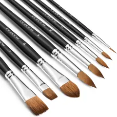 8Pcs Sable Brush Set Variety Shapes with Flat, Round Pointed, Cat's Tongue Oval Wash Perfect for Watercolor Acrylic Gouache Inks Painting