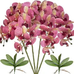 32" Artificial Phalaenopsis Flowers 4 Pcs with 2 Bundles Leaves Artificial Orchid Flowers Stem Plants Fake Butterfly Phalaenopsis Flowers for Home Wedding Party D&eacute;cor (Purple Dapple)