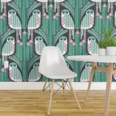 Pre-Pasted Wallpaper 2FT Wide Art Deco Owls Teal Pastel Pink Aqua Saguaro Cactus Desert Southwest Custom Pre-pasted Wallpaper by Spoonflower