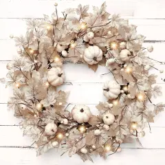 26 Inch Large Foldable Fall Wreath for Front Door with Lights Timer