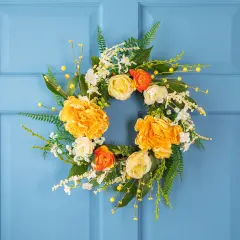 Northlight Hydrangea and Rose Artificial Floral Twig Wreath - Orange - 16"