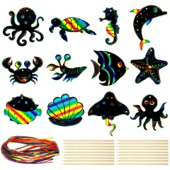 Wrapables 36pc Rainbow Scratch Arts Ornaments, DIY Magic Scratch Arts and Crafts, Sea Animals