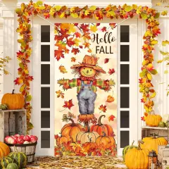 Fall Door Banner Cover Scarecrow Pumpkin Leaves Hanging Banner,31.5 x 67 Inch