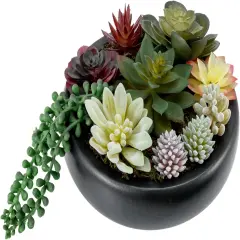 8-Inch Artificial Succulent Plant Arrangement, Assorted Fake Plants in Modern Black Round Concrete Planter Bowl