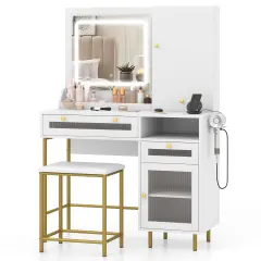 Modern Makeup Vanity Desk with Mirror and Lights and Stool Set-White
