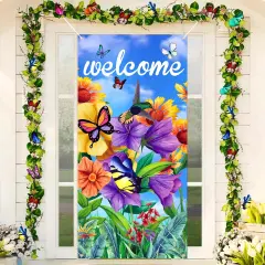 Welcome Butterfly Door Cover Welcome Spring Door Decorations Banner Butterfly Flower Porch Banner Sign Photo Background for Spring and Summer Seasonal Welcome Holiday Party Indoor Outdoor Decor