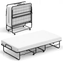 White Memory Foam Mattress Folding Bed with Black Metal Frame and Casters