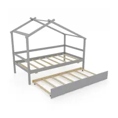 Pine Wood Twin Size House Bed with Trundle, DIY Roof, Slat Support and Safe Design Gray