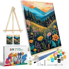 Mountain Paint by Numbers Kit for Adults with Frame, Flowers Paint by Number with Easel, DIY Landscape Adult Paint by Number Kits Framed Canvas for Home Wall Decor 8 x 12 Inch