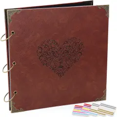 Photo Album Scrapbook, 50 Pages Vintage Leather Cover Big Three-Ring Binder Love Picture Booth DIY Scrapbooking Albums with Self Adhesive Photos Corners for Memory Keep