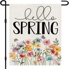 Hello Spring Floral Garden Flag 12x18 Inch Double Sided Burlap Outside, Flower Seasonal Sign Small Farmhouse Yard Outdoor Decoration
