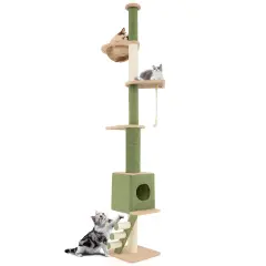 Adjustable Height Floor to Ceiling Cat Tree with 2 Full-Wrapped Sisal Scratching Posts and 3 Step Ladder