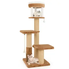Engineered Wood Tall Cat Tree with Faux Rabbit Fur, Scratching Posts and Removable Cat Bed
