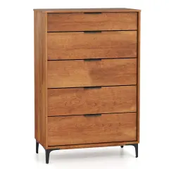 Cherry MDF 5 Drawer Dresser with Metal Legs and Anti Tipping Kit