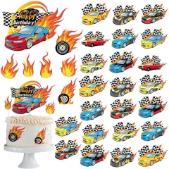 55 Pcs Race Car Cupcake Toppers Happy Birthday Cake Toppers wheels Checkered Flag Fire Car Theme Decoration for Boy Girl DIY Party Decorations