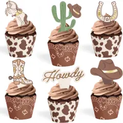 Western Cupcake Liners + Toppers - Set of 24 | Rodeo Birthday Cake Decoration, Hoedown Bachelorette Food Accessory, Kids Party Supplies