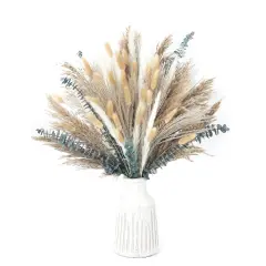 120 PCS Dried Pampas Grass Decoration, Pampas Grass with Preserved Eucalyptus Leaves Dried Flowers, Reed Grass Bouquet for Bohemian Flowers Home Table Wedding Decoration