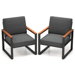 Set of 2 Patio Aluminum Frame Armchairs with Wood-Plastic Armrest and Comfortable Cushion Seat
